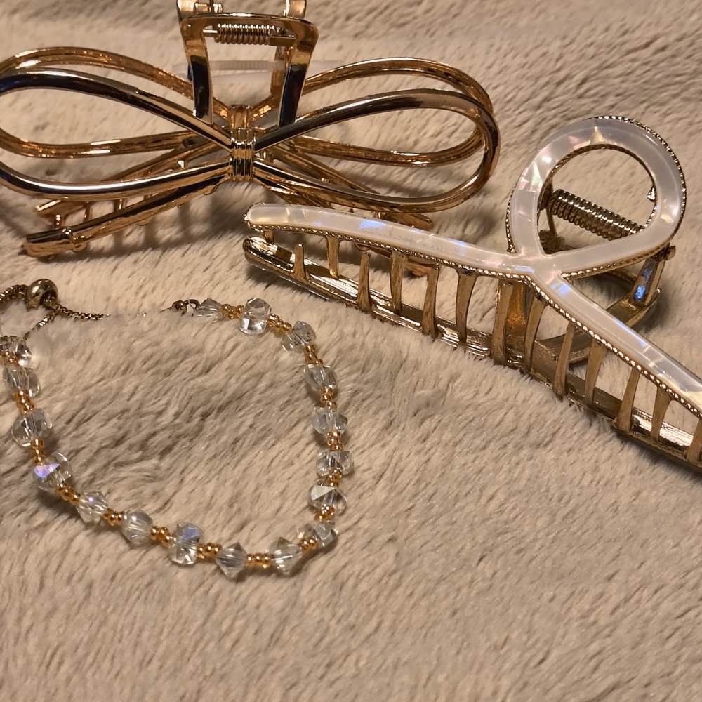 Gold and Pearl Hair Clips with Crystal Bracelet